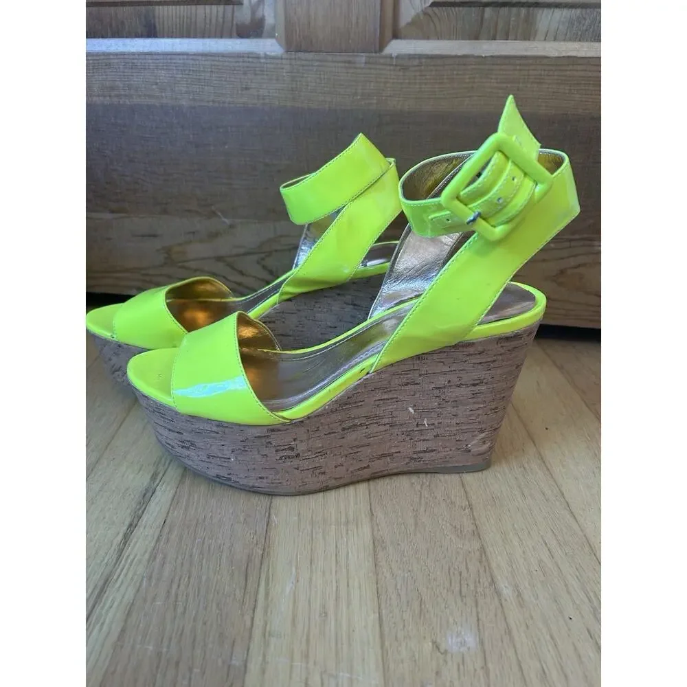 BCBGeneration Neon Yellow Patent Women's Wedges Size 8